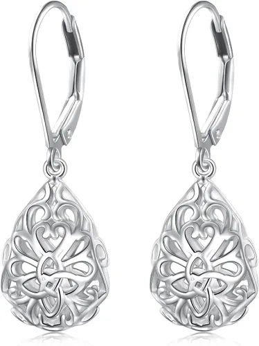 Miniatura 104 de Aretes colgantes de filigrana de plata de ley 925, margarita, loto, flor de rosa, piedra lunar, lágrima para mujer, nudo celta infinito, margarita