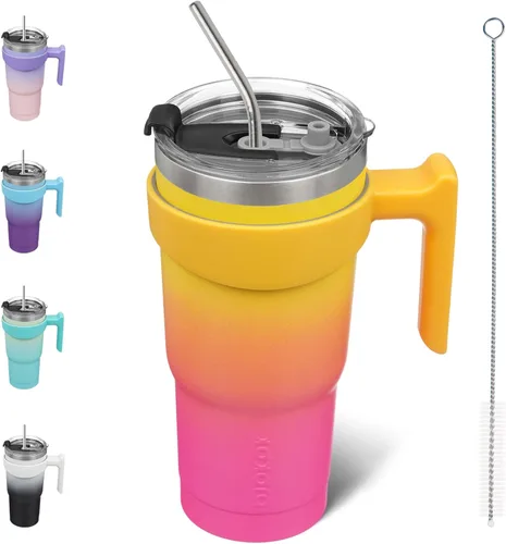 Miniatura 65 de BJPKPK Vaso con asa de acero inoxidable de 20 onzas, con aislamiento de doble pared, con tapa y pajita, color rosa claro A-rosa claro