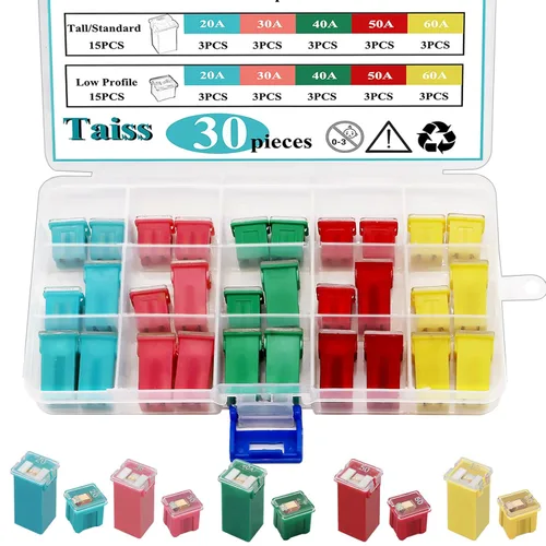 Miniatura 5 de Taiss - Juego de 30 fusibles en forma de caja, fusibles automotrices de perfil alto/estándar y bajo, fusibles automotrices de 20 A, 30 A, 40 A, 50