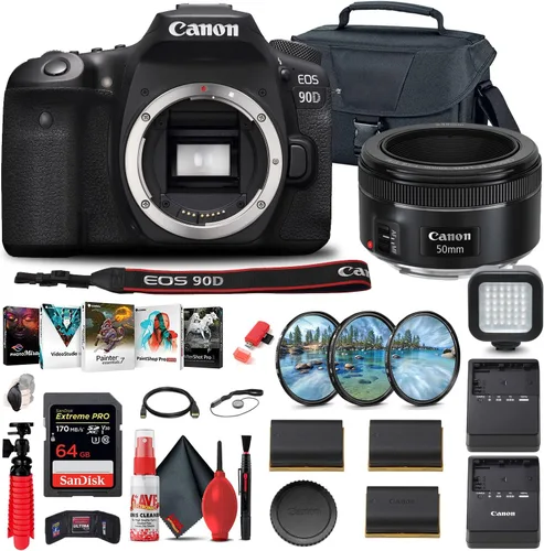 Canon Cámara DSLR EOS 90D (solo cuerpo) (3616C002), lente Canon EF de 1.969 in, tarjeta de 64 GB, funda, kit de filtro, software de foto Corel, 2