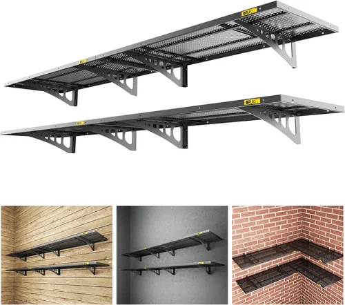 Miniatura 10 de Paquete de 4 estantes de pared de metal ajustables de 2 x 3 pies, estantes de almacenamiento de garaje resistentes montados en la pared, color negro
