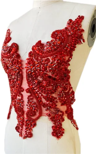 Miniatura 7 de Apliques de encaje hechos a mano con diamantes de imitación para coser en cuentas y lentejuelas para accesorios de ropa de vestido, (verde)