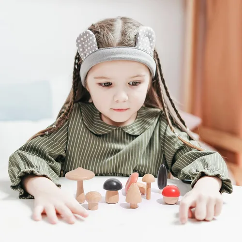 Miniatura 9 de Juguetes de madera con forma de hongos, bloques de madera Montessori, apilables, juguetes para niños pequeños, 11 piezas, hongos en miniatura