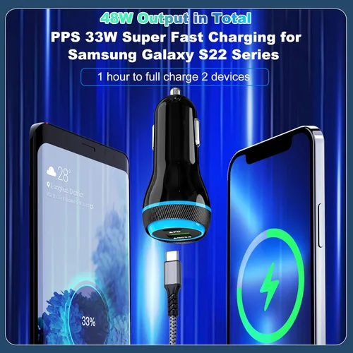 Miniatura 2 de Paquete de 2 cargadores de coche PD rápidos para iPhone 17/16/15, [USB C PD/PPS y USB A QC3.0] Adaptador de encendedor de cigarrillos de coche súper