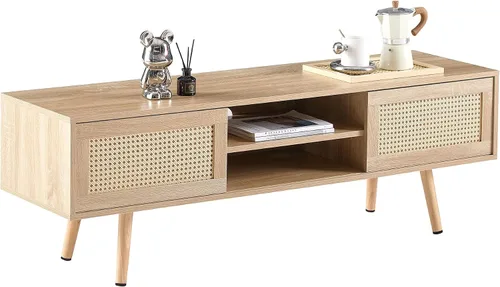 Miniatura 9 de Soporte de TV de ratán natural para TV de 60 pulgadas, centro de entretenimiento bohemio con almacenamiento, soporte de TV moderno de mediados