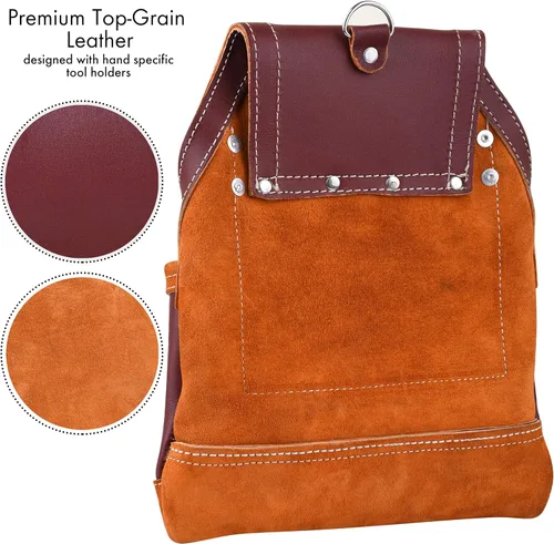 Miniatura 4 de FUERI Bolsa profesional de 10 bolsillos para herramientas de carpintero Cuero de grano premium resistente, soporte de marco ajustable de refuerzo