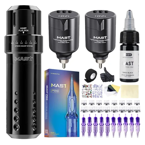 Mast Tattoo Kit de pistola de tatuaje con cable e inalámbrica, máquina de tatuaje rotativa con 6 tiempos, 0.102-0.157 in, 2 baterías, 10 agujas,