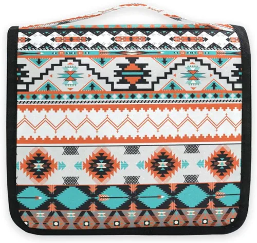 Miniatura 7 de Bolsa de aseo étnica azteca colgante, bolsa de cosméticos de viaje geométrica, bolsa organizadora de maquillaje, bolsa de lavado portátil con gancho