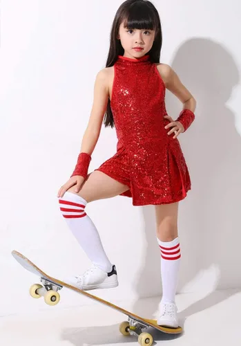 Miniatura 3 de LOLANTA Vestido de baile de lentejuelas para niñas de 4 a 12 años, traje de baile de hip hop, sin mangas y pantalones cortos