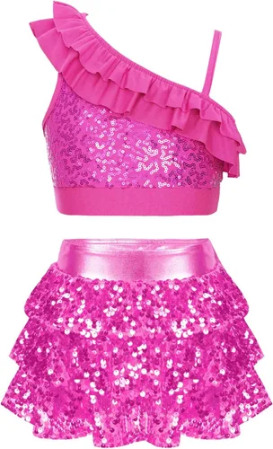 Miniatura 22 de JEATHA Top corto con borlas y lentejuelas brillantes para niñas, con minifalda, jazz latino, salsa, samba, rumba, baile