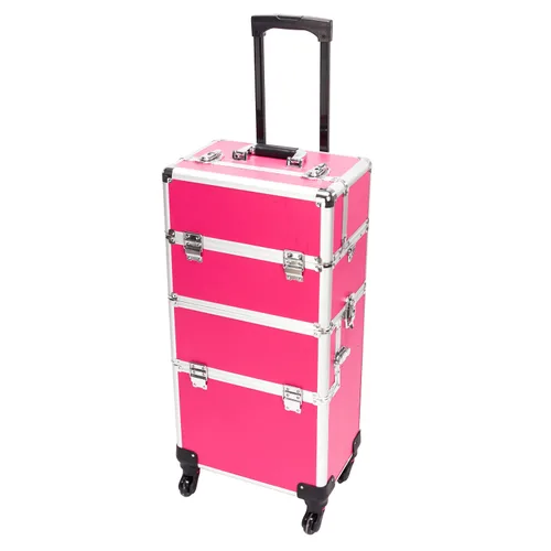 mefeir Estuche de tren de maquillaje rodante 3 en 1, estuche de cosméticos de aluminio para viajes, organizador de maquillaje, estuche de Rosa rosado
