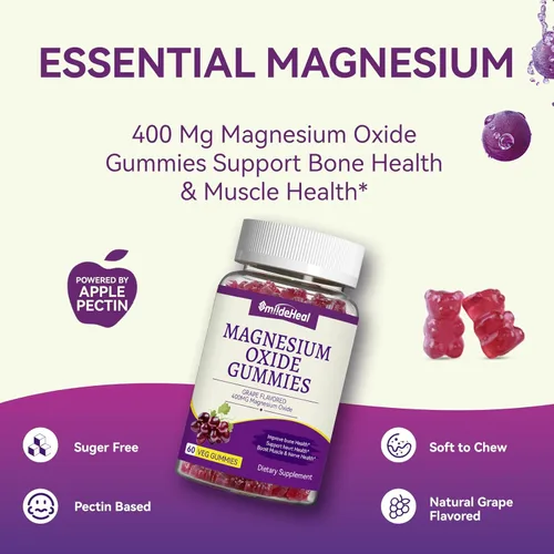 Miniatura 4 de Gomitas de óxido de magnesio de 400 mg, gomitas de magnesio masticables para mujeres y adultos, apoyo nervioso y muscular, sin azúcar, veganas, 60