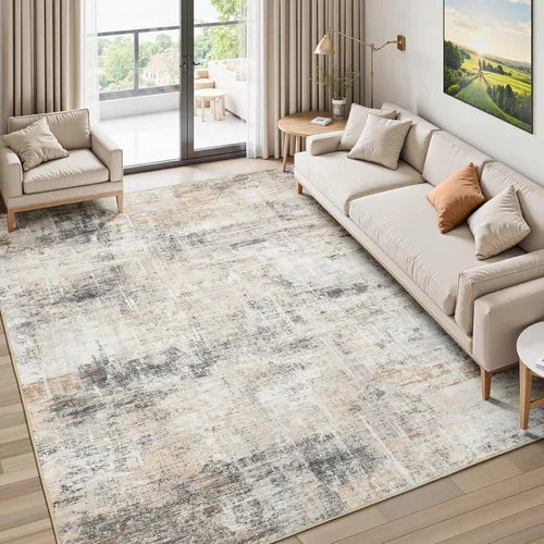 Miniatura 12 de Lofus Alfombra de área de 8 x 10 pies para sala de estar, alfombras grandes abstractas doradas con respaldo antideslizante, alfombra neutra moderna