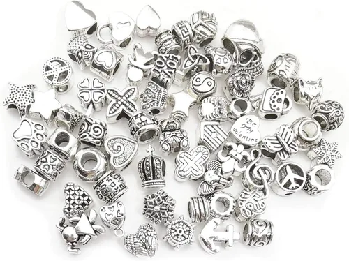 Miniatura 3 de 55 piezas surtidas de cuentas con agujeros grandes de aleación europea, cuentas con separadores metálicos para manualidades, pulseras, collares