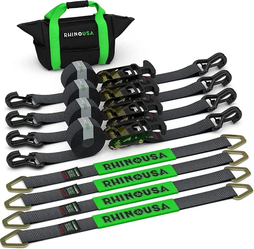 Rhino USA Correas de amarre de automóvil para remolques con ganchos en J (paquete de 4) – 2" x 8' (10,000 lb de resistencia a la rotura) – Correas