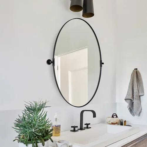 Miniatura 12 de MOON MIRROR Espejo de pivote ovalado dorado, espejo de tocador de baño de latón cepillado, espejo inclinable ovalado con marco fino de acero