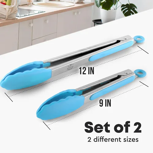 Miniatura 2 de Zulay Pinzas de cocina de acero inoxidable con puntas de silicona, juego de 2 pinzas de cocina con bloqueo (9 y 12 pulgadas) con agarre plata - azul