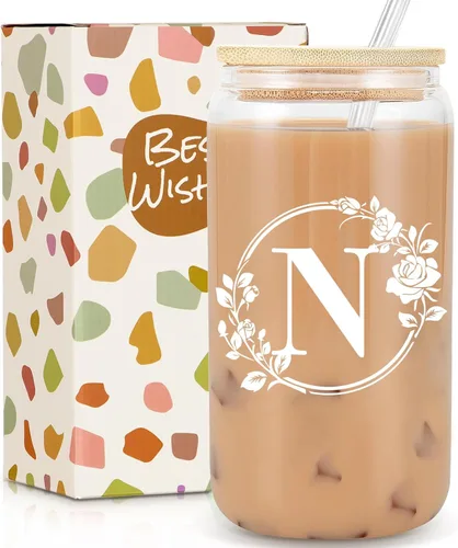 Frerdui Regalos de cumpleaños para mujeres, taza de vidrio inicial con monograma, regalos personalizados para mujeres, tazas de vidrio de 16 onzas