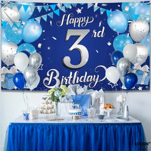 Miniatura 7 de KatchOn, Cartel de tercer cumpleaños azul y plateado – Xtralarge, 72 x 44 pulgadas Decoraciones azules de tercer cumpleaños para niños y niñas