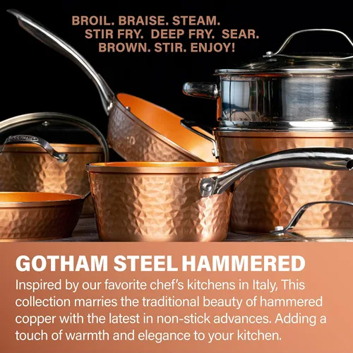 Miniatura 3 de GOTHAM STEEL Hammered Copper Collection – Sartén antiadherente de 10 pulgadas con tapa, olla multiusos para pasta de 5 cuartos de galón con tapa