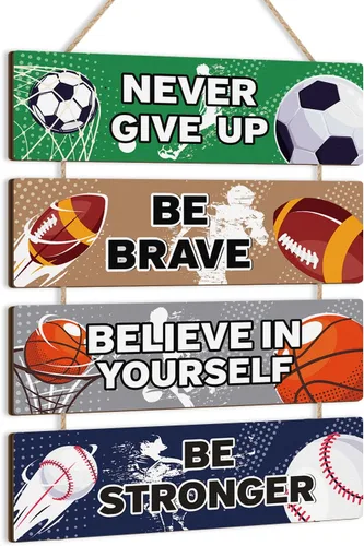 HLNIUC Decoración de pared temática deportiva, letrero de madera de fútbol (3.5 x 12 pulgadas), letrero de madera inspirador de «Never Give Up»,