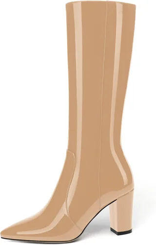 Miniatura 65 de AMBELIGHT Botas altas hasta la rodilla con cremallera y puntera puntiaguda para mujer, de patente sólida, tacón alto, 3.3 pulgadas