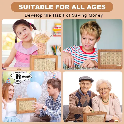 Miniatura 6 de Alcancía para adultos y niños, banco de monedas de madera para niños y niñas, caja fuerte de efectivo caja de ahorro de dinero con contador, caja