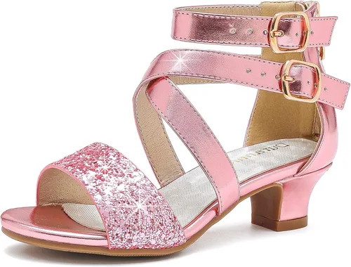 Dufannie Zapatos de tacón alto para niñas de flores, zapatos de vestir con purpurina