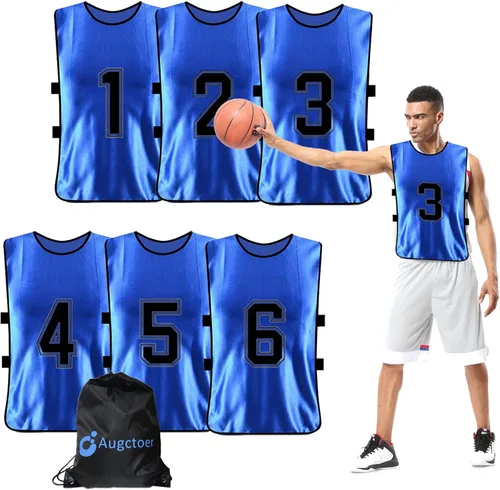 Augctoer Numbered Soccer Pinnies - Chalecos de entrenamiento, baberos de práctica en equipo Scrimmage para adultos y jóvenes, paquete de 6 Azul