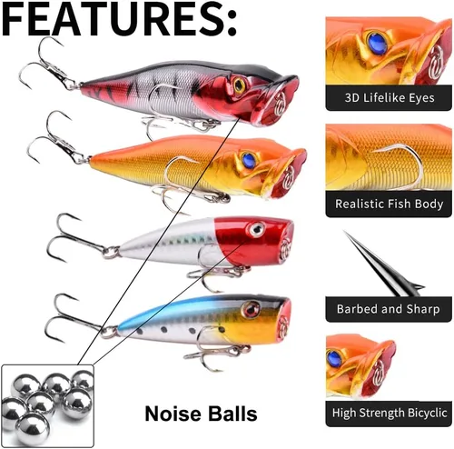 Miniatura 4 de Señuelos de pesca Popper cebo de pesca Topwater cebos duros ojos 3D Swimbait Crankbait con gancho de agudos para lubina, trucha, agua dulce y salada