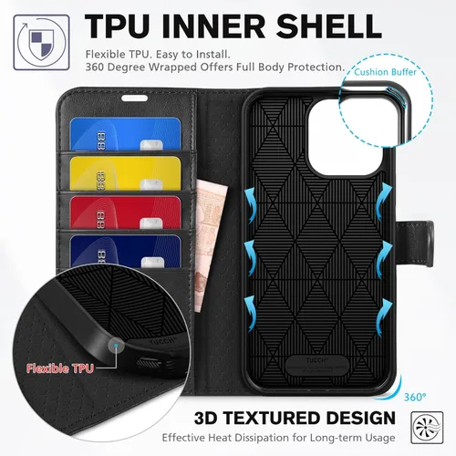 Miniatura 5 de Funda tipo billetera TUCCH para iPhone 15 Pro Max, con bloqueo RFID, con soporte para 4 tarjetas, a prueba de golpes, con interior de TPU, con funda