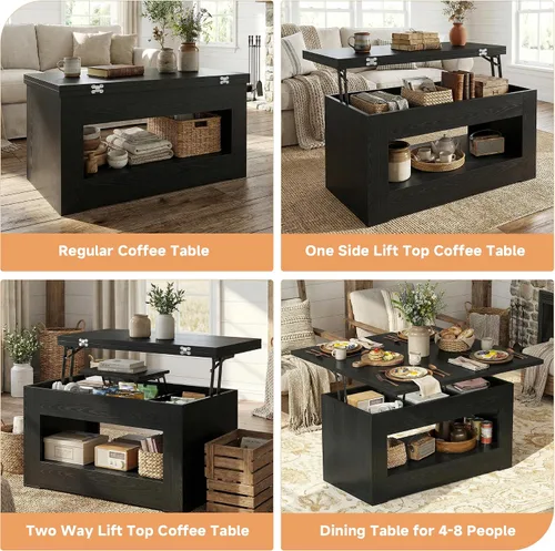 Miniatura 6 de UNIQUITE Mesa de centro elevable de 40 pulgadas, mesas auxiliares de elevación multifunción 4 en 1 con almacenamiento y compartimento oculto, mesas