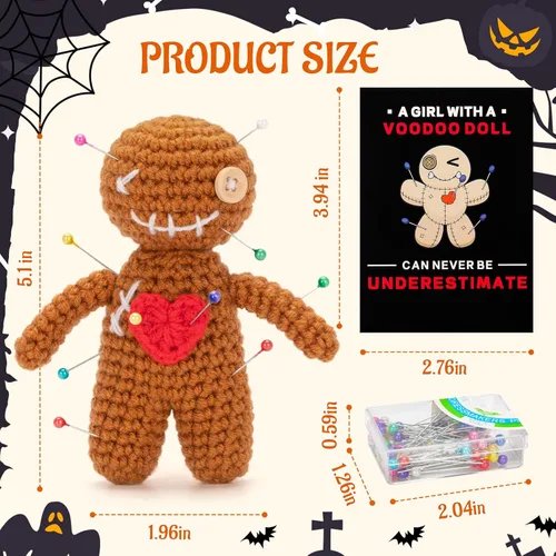 Miniatura 2 de Muñeca de vudú positiva graciosa hecha a mano de ganchillo rellena de peluche con tarjeta de afirmación de positividad para decoración de Halloween