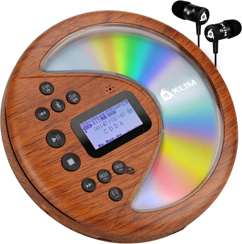 KLIM Discover Wood + Reproductor de CD portátil Walkman con batería de larga duración + Nuevo + con auriculares + Radio FM + Reproductor de CD MP3