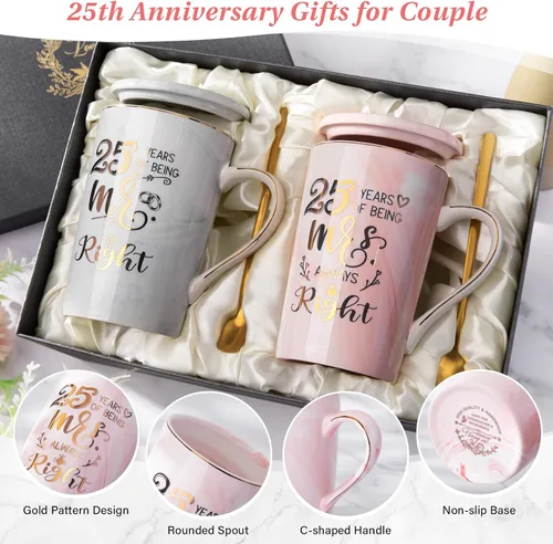 Miniatura 3 de Biching Regalos de Boda del 25º Aniversario, 25 Años de Ser Mr Right & Mrs Always Right Taza de Café Regalos para Parejas Padres Mujeres Hombres