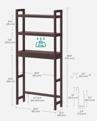 Miniatura 3 de SONGMICS Almacenamiento sobre el inodoro, organizador de baño sobre el inodoro de 3 niveles con estante ajustable, 10.2 x 24.8 x 66.9 pulgadas