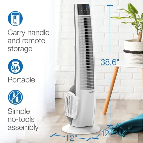 Miniatura 6 de Lasko Ventilador de torre oscilante con control remoto, ventilador de torre para dormitorio y oficina, 4 velocidades silenciosas, 38 pulgadas