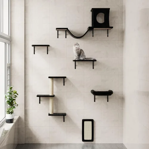 Miniatura 5 de NUNU LAB Estantes de muro para gatos, juego de 6 piezas de lujo montado en la pared, muebles para gatos interiores con 1 casa tipo condominio, 2