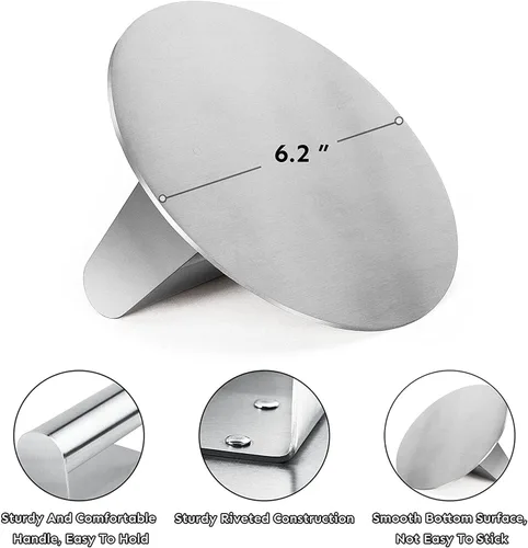 Miniatura 5 de HULISEN - Prensa de hamburguesas de acero inoxidable, prensa redonda de 15,7 cm para hamburguesas, kit profesional de accesorios para plancha