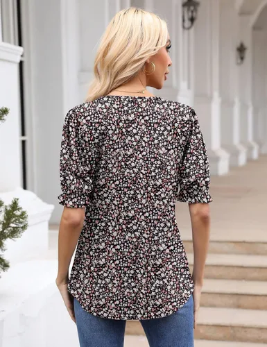 Miniatura 3 de Blusa plisada con cuello redondo para mujer, estilo casual, manga corta, estilo túnica, con dobladillo curvado