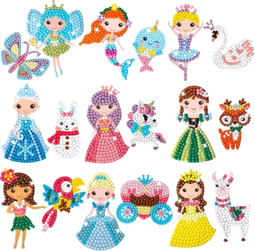 Cymbana Kits de pintura de diamantes para niños, 18 piezas de calcomanías de arte de gemas de princesa y su amigo para niños de 6 a 8 a 12 años