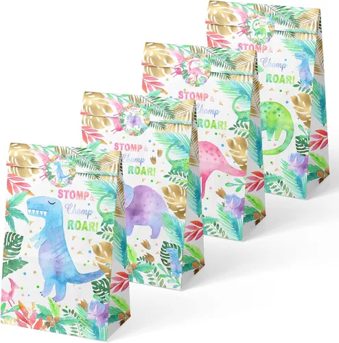 Miniatura 2 de Paquete de 24 bolsas de recuerdo de fiesta de dinosaurios para niñas con calcomanías, bolsas de regalo de dinosaurio de acuarela rosa