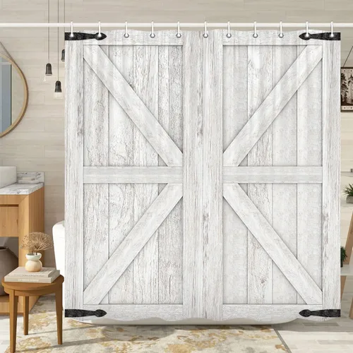 Miniatura 7 de Cortina de ducha de puerta de granero de madera rústica, 60 x 70 pulgadas, beige