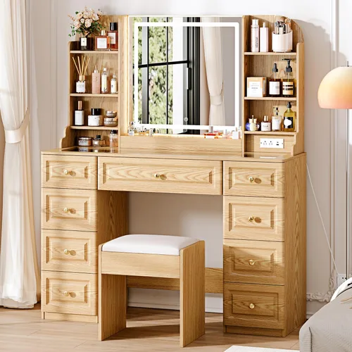 Miniatura 11 de Arulvmrn Escritorio de maquillaje de 43 pulgadas con espejo y luces, y toma de corriente, mesa de tocador grande con parte superior de vidrio con 9