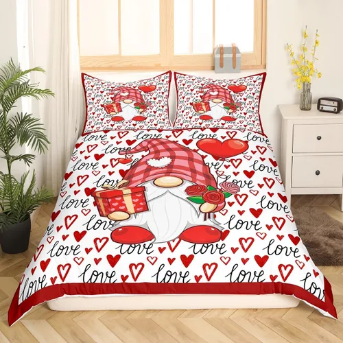 Miniatura 2 de Juego de funda de edredón de gnomo lindo para el día de San Valentín, tamaño individual, juego de ropa de cama con estampado de corazón rojo