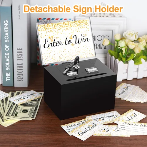 Miniatura 3 de Caja de donación acrílica negra con cerradura, caja de sugerencias segura con soporte para letreros para tarjetas de voto y consejos, 6 x 4.3 x 4