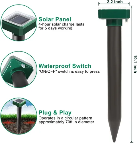 Miniatura 2 de Repelente de topos alimentado por energía solar, paquete de 6 repelentes de topos ultrasónico para campañoles, serpientes, cañones, picos