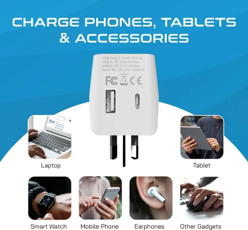 Miniatura 6 de Ceptics Adaptador de viaje para Australia, Nueva Zelanda y China, entrada USB dual, ultracompacto, de Estados Unidos a tipo I, perfecto para Blanco