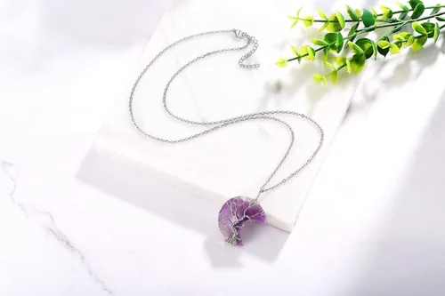Miniatura 5 de XIANNVXI Collar con colgante de luna creciente envuelta en alambre con forma de árbol de la vida Collar con piedras de cristal curativo de reiki