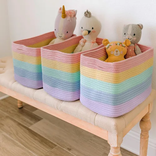 Miniatura 4 de OrganiHaus - Juego de 3 canastas con diseño de arcoíris para almacenamiento, canastas tejidas para organización, decoración pastel, guardar Pastel
